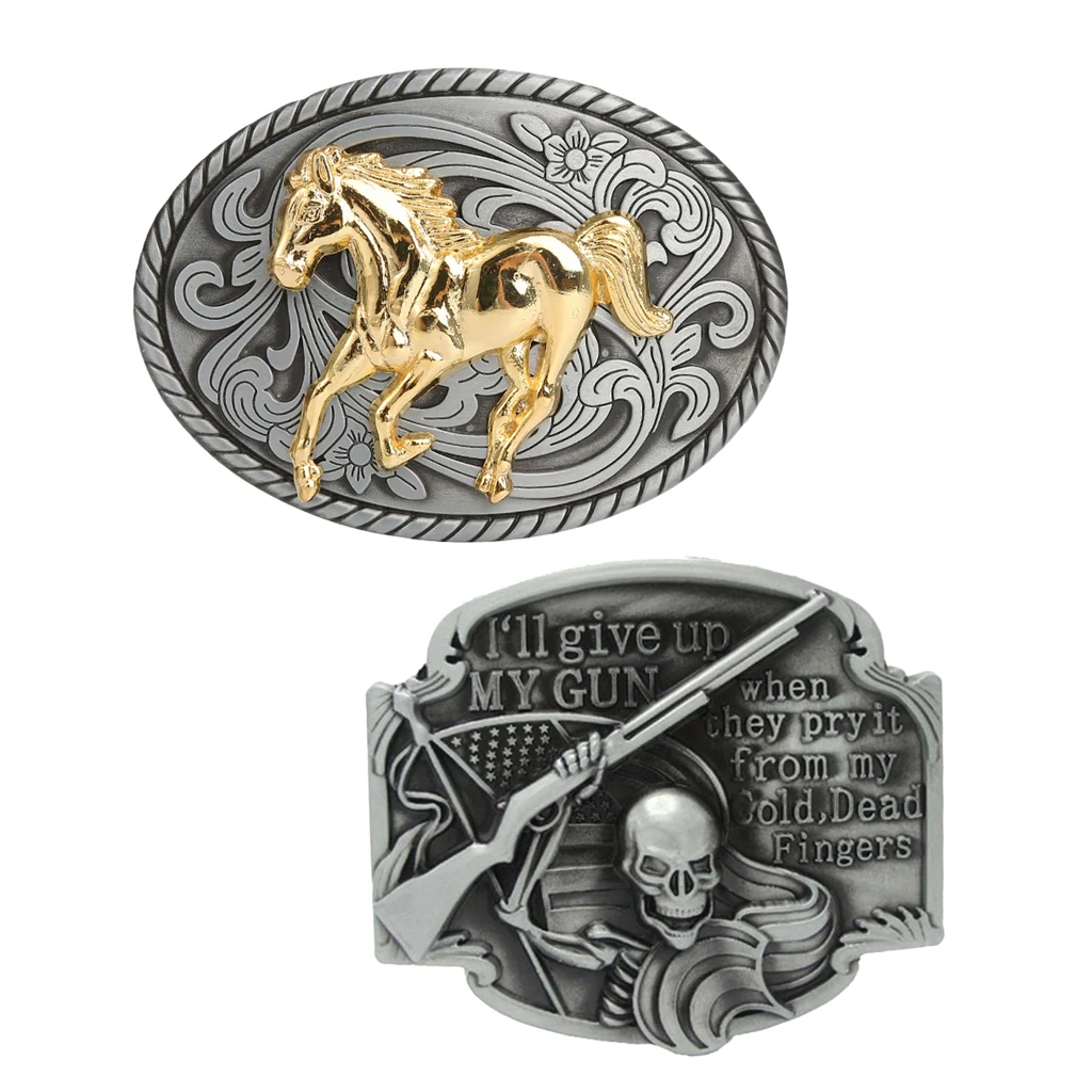 2Pcs Men's Belt Replacement Buckles - Vintage Hip Hop Belt Buckle Western Fits for Jeans Belt Trouser Belt - Skull & Horse