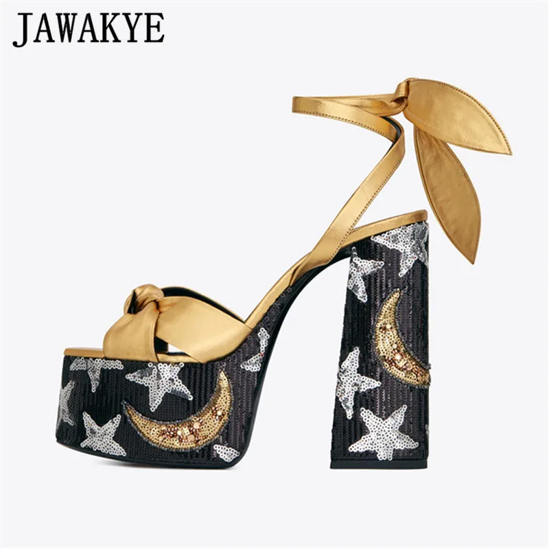 

Sexy Printed Platform Heels Bowtie Sandals for Women Chunky Heels Peep Toe Party Gold Shoes Cross Tied Ankle Strap Shoes Woman