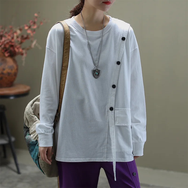 

Solid Color Tees and pullovers female 2020 Spring Autumn Loose Round Neck Casual Single Pocket Long Sleeve T Shirt for women