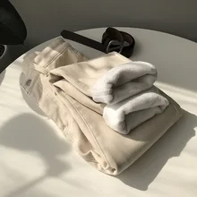 Double 2021 winter new plus velvet thickening high waist jeans female nine points straight slim old pants 3033