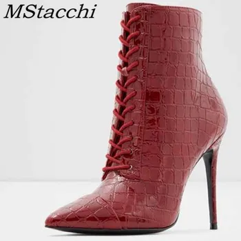 

MStacchi Sexy Pointed Toe Women Boots Autumn Winter Cross-tied High Heels Boots Leather Zipper Thin Heel Fashion Female Boots
