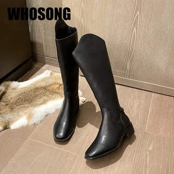 

New Women Knee High Boots Ladies Genuine Leather Shoes Woman Motorcycle Boots Female Black Brand Boots Girls Heels Warm Shoes