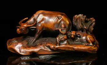 

wedding decoration 6 Chinese Folk Collect Boxwood Wood Carved TongZi Boy Bull Ox buffalo boy Statue