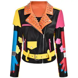 Autumn New Fashion Graffiti Color Matching Print Punk Style Street Leather Jacket Rivet Women Short Faux Leather Coats with Belt