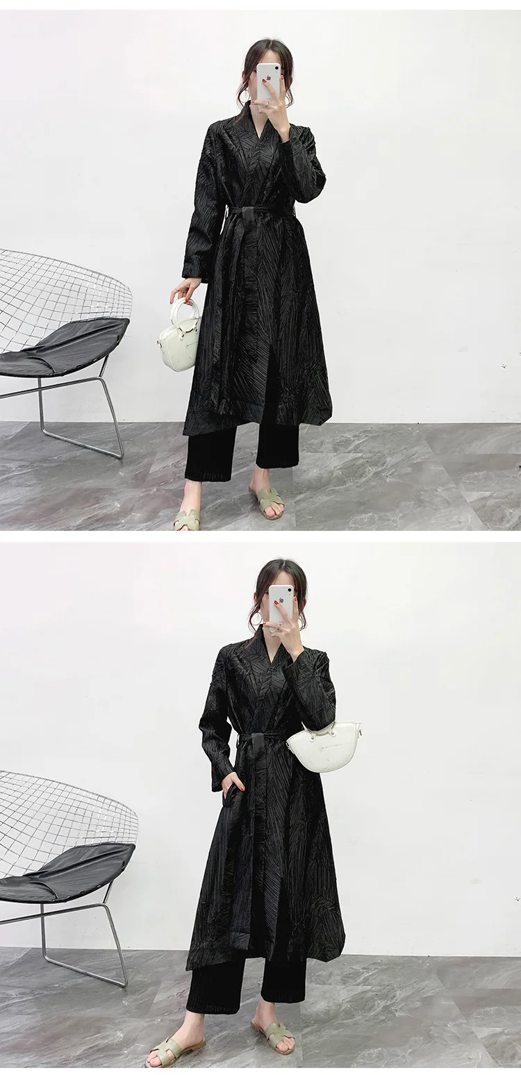 Miyake плиссированные двухсторонние тренчи женские модные повседневные свободные с отложным воротником с поясом сплошное длинное пальто зимний плащ большого размера