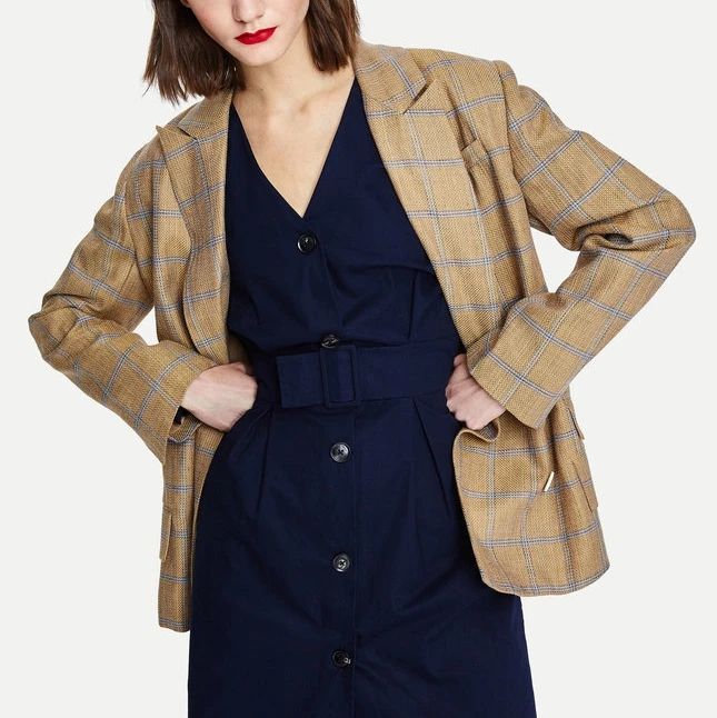 

2019 Autumn New Blazer Feminino Double Breasted England Style Plaid Pockets Women Leisure Suit Coat