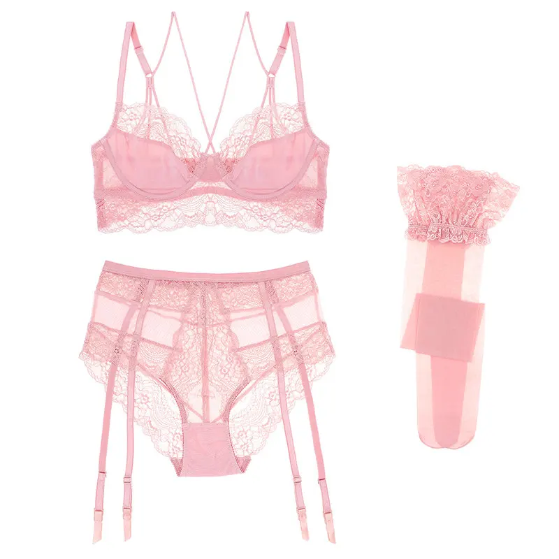 dark pink Varsbaby, сексуальное нижнее белье без подкладки с y-образной подкладкой, цветочный кружевной комплект с бюстгальтером на косточках, чашка 3/4, бюстгальтер+ трусики+ чулки, комплект из 3 предметов - Цвет: dark pink