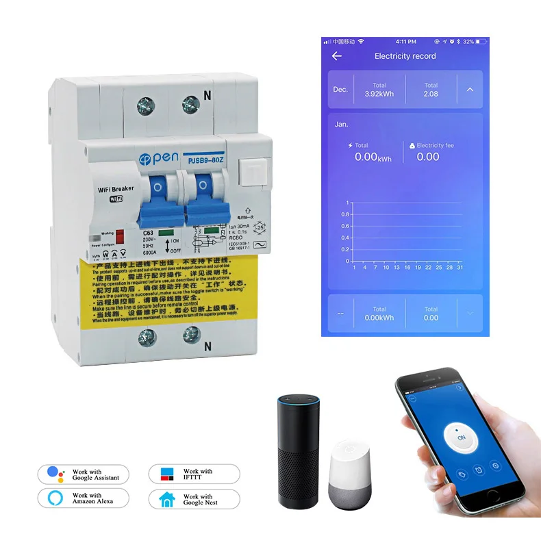 

2P Remote Control Wifi Circuit Breaker RCBO with energy monitoring compatiable with alexa and google home for Smart home