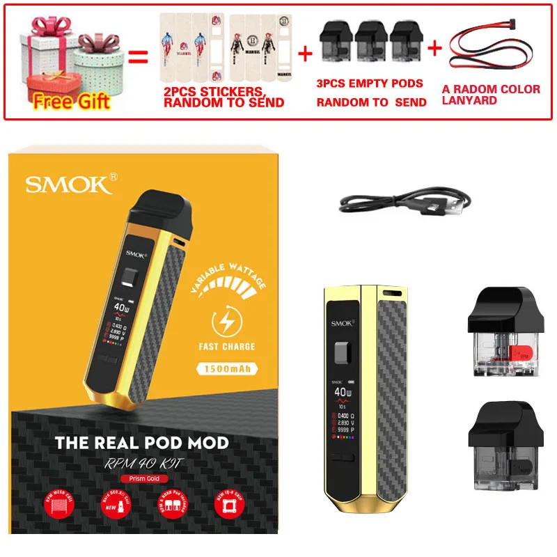 prism gold Smok портативный Pod Mod 40 Вт набор электронных сигарет SMOK RPM40 Pod Vape 1500 мАч и 4,3 мл об/мин Pod и 4,5 мл об/мин Nord картридж POD Vapor - Цвет: prism gold