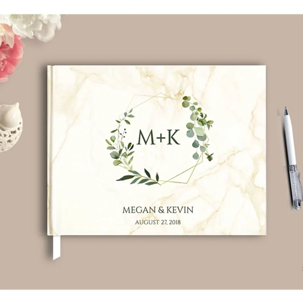

Greenery wreath Guest Book Alternative geometric Guestbook Custom Names Date Wedding keepsake birthday photo book planner book