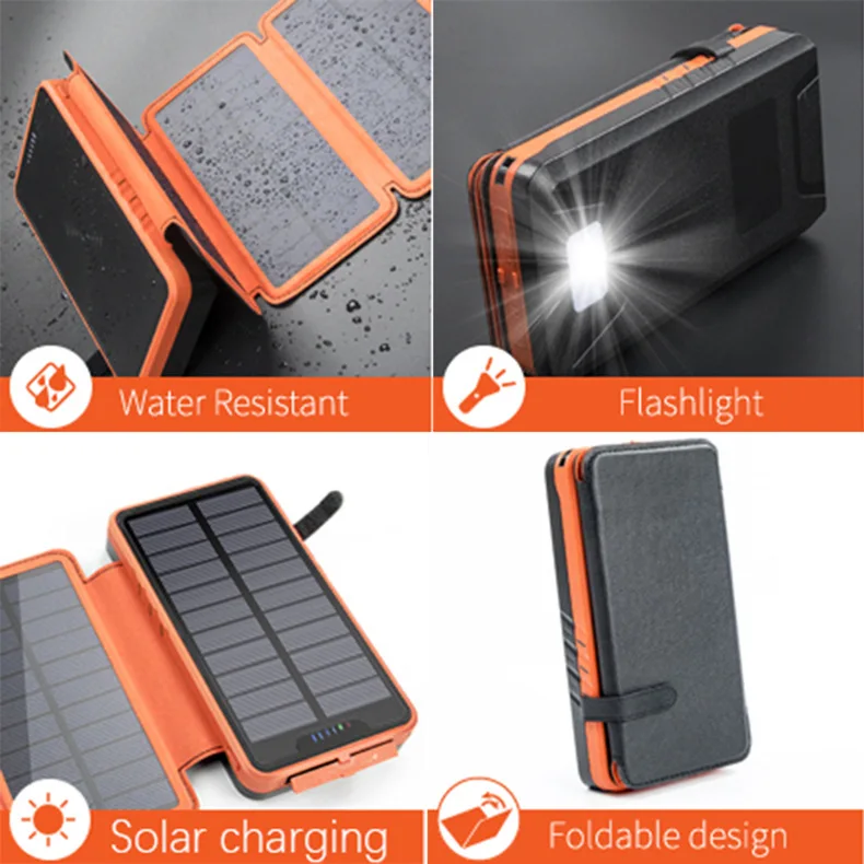 Solar Power Bank 20000mA Solar Panel Charger Waterproof Powerbank Outdoor Portable External Battery Poverbank with Camping Light wireless power bank