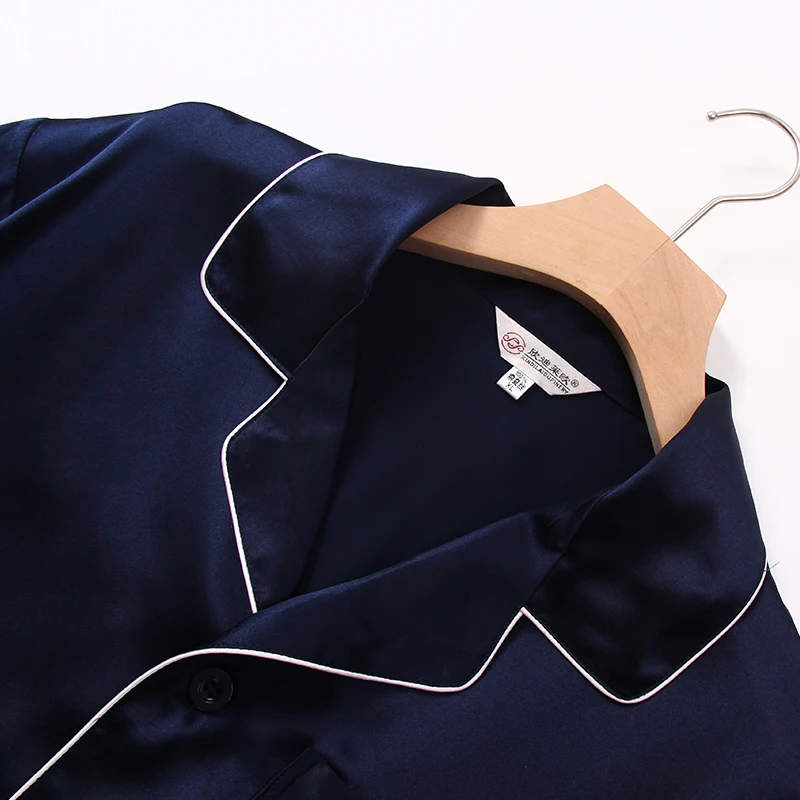 100% Real Silk Pajamas Set For Men Spring Pijamas Homme 2Pieces Man Blue Long Sleeve Button-Down Home Clothes Sleepwear PJ Sets