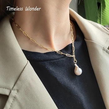 

Timeless Wonder 925 Sterling Sliver Geo Baroque Pearl Chain Choker Necklace Women Jewelry Gothic Chains Punk Trendy Gold 6635