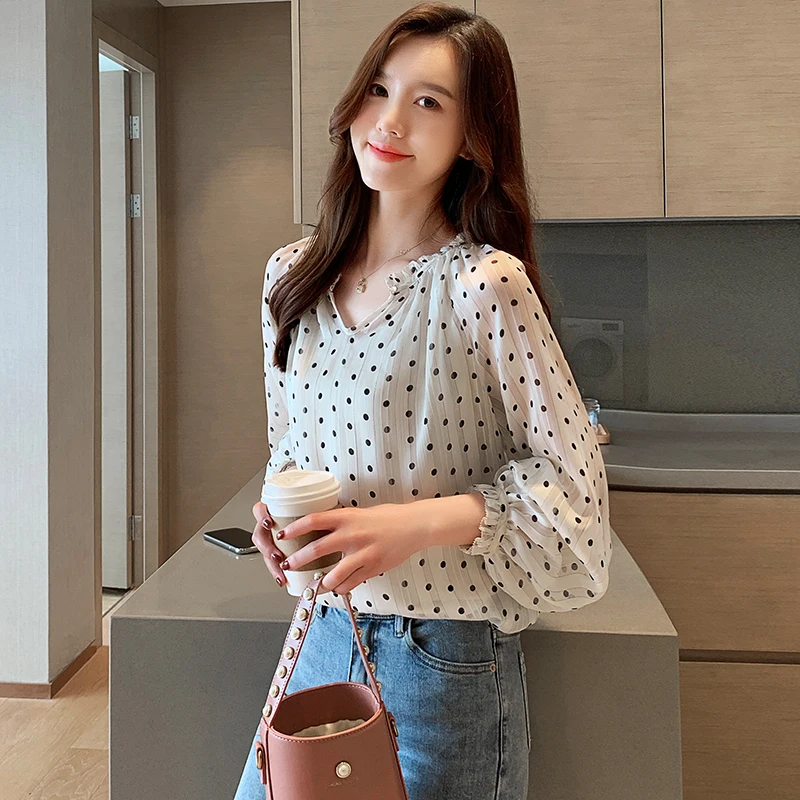 Осенние корейские модные шифоновые женские блузки горошек точечный фонарь рукав