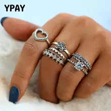 6 unids/set Vintage corazón flor corona forma anillos para mujer chica Bohemia talla de cristal Midi joyería anillo de nudillo YMCJR004