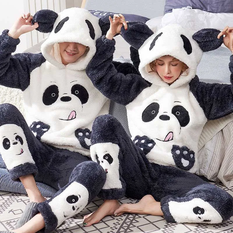 Унисекс; Пижама для взрослых и пар; Мужская зимняя бархатная одежда для сна; комплект из 2 предметов; теплая Фланелевая пижама с рисунком животных; Милая домашняя одежда для вечеринок - Цвет: panda