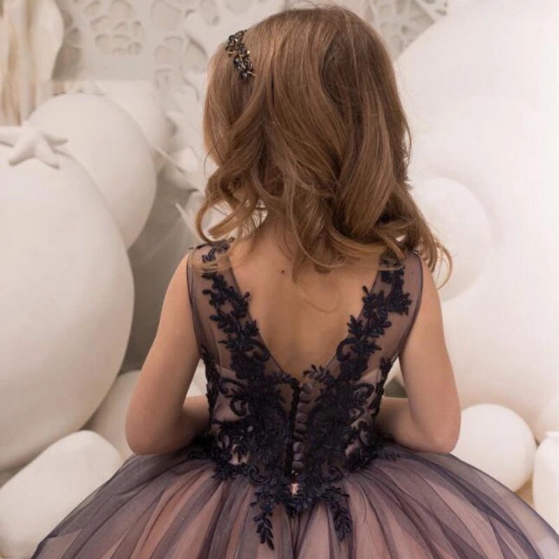 Длинное черное бальное платье; кружевное платье с цветочным узором для девочек; коллекция года; платье принцессы для малышей; рождественские, свадебные и вечерние, блестящие пышные платья для девочек