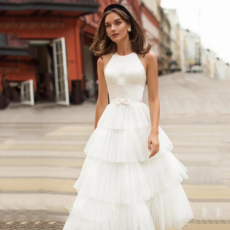 

2021 Princess Evening Dresses Boho Formal Dress Robe de soiree A Line Tiered Evening Party Dress Tulle Prom Gown Illusion