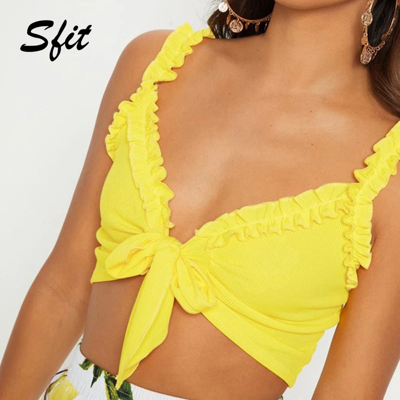 Sfit модная летняя женская однотонная майка без рукавов, рубашка, секси галстук, укороченный топ, короткий рукав, глубокий v-образный вырез, Повседневная Базовая футболка