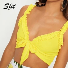 Sfit модная летняя женская однотонная майка без рукавов, рубашка, секси галстук, укороченный топ, короткий рукав, глубокий v-образный вырез, Повседневная Базовая футболка