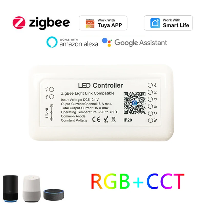 Tuya Zigbee Light Strip Controller 6Pin Smart Home Led Controller Rgb + Cct Dc12-24V Funziona Con Alexa Google Home Hub Richiesto