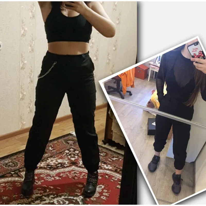 Женские джоггеры с цепочкой, штаны с высокой талией для женщин, Осенние карго-шаровары, уличная одежда, женские брюки, весенняя одежда в стиле хип-хоп