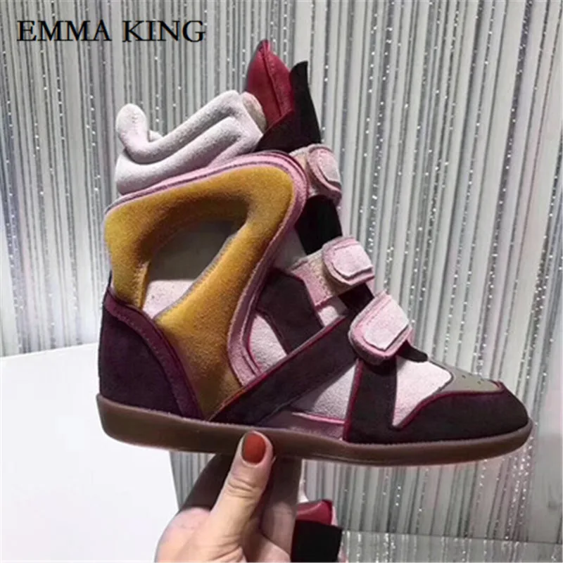Autumn and winter Newest Fashion Designer Women Hook Loop Sneakers 8cm Invisible Inside Heighten Women Leather Ankle Boots - Цвет: Pink