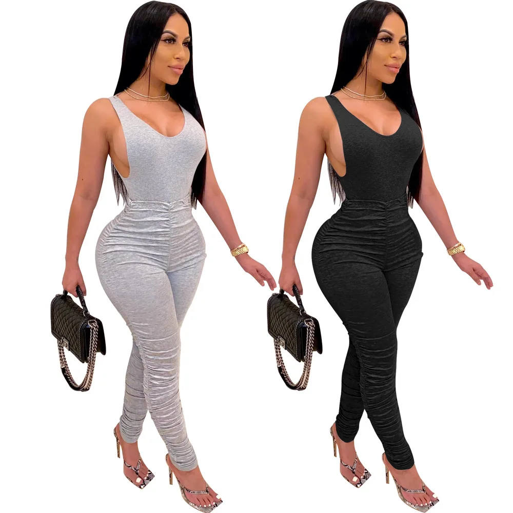 Adogirl Fashion Women Solid Pleated Jumpsuit Romper Sleeveless Open Back V Neck Sport Bodysuit Female One Piece Ruched Playsuit Adogirl Fashion Women Solid Pleated Jumpsuit Romper Sleeveless Open Back V Neck Sport Bodysuit Female One Piece Ruched Playsuit