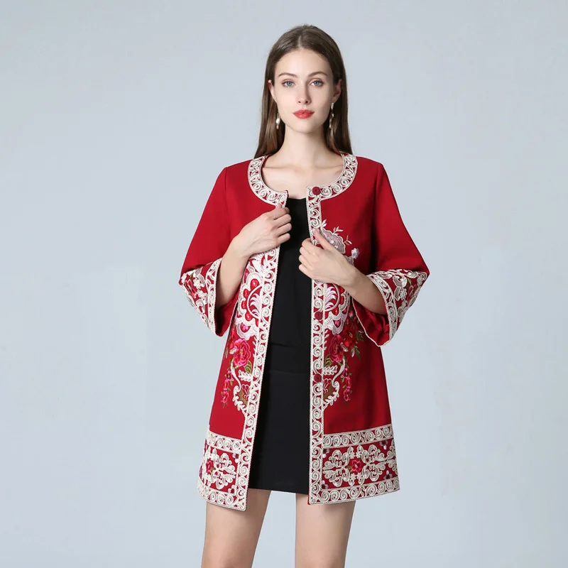 Пальто XXXXL, верхняя одежда, осенне-зимние пальто для женщин, аппликация, вышивка, покрытая пуговицей, винтажное длинное красное пальто куртка Женский