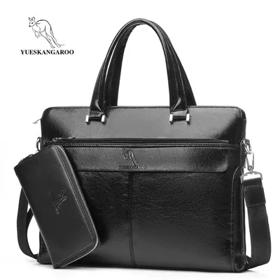 Black Set YUESKANGAROO мужская сумка, деловая сумка для ноутбука, винтажный кожаный портфель, мужская повседневная сумка через плечо, Сумка для документов, мужская сумка ts - Цвет: Black Set