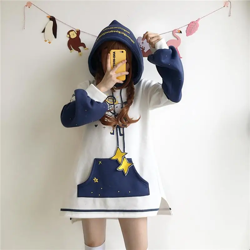 Harajuku Kawaii Женская толстовка осень мультфильм звезды вышивка кофты пуловер милый Мори верхняя одежда для девочек