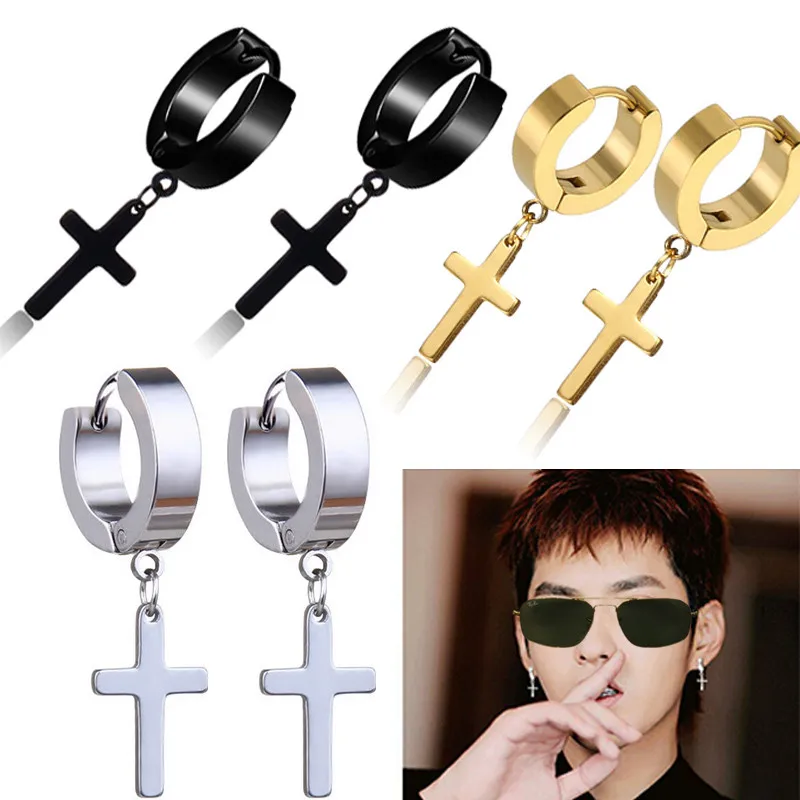 Rinhoo Fashion Stainless Steel Cross Earrings Punk Multiple Color Stud Earrings For Men Women Street Pop Hip Hop Ear Jewelry