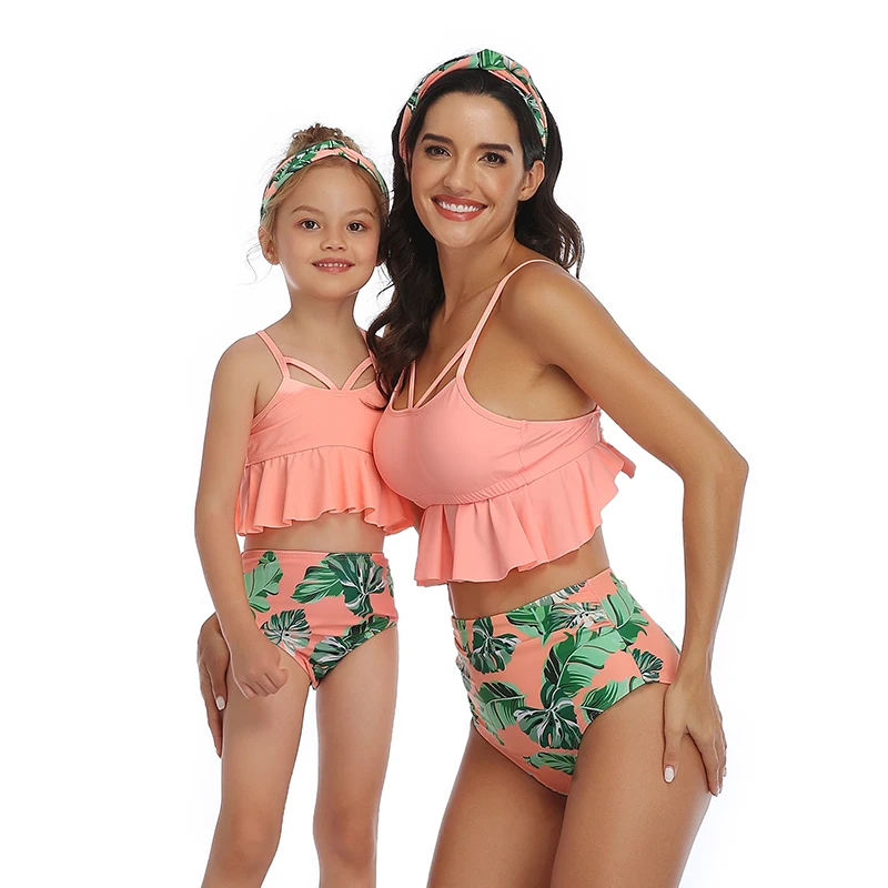 

Leaf Ruffled Swimsuit Mother Daughter Swimwear Mommy and Me Bikini Clothes Family Matching Outfits Look Mom Mum and Baby Dresses
