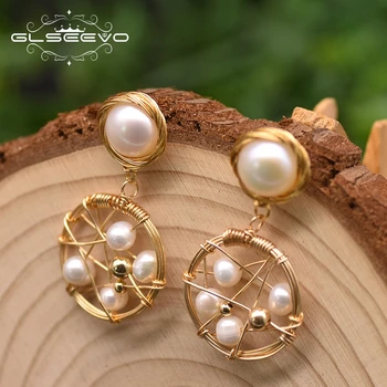 

GLSEEVO Natural Water Pearl Handmade Drop Earrings For Women Original Design Round Charm Statement Earring Luxury Jewelry GE0968