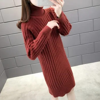 

#1252 Autumn Winter Warm Thick Sweater Dress Women Long Sleeved Straight Knitted Dresses Knee Length Casual