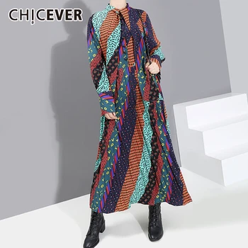 

CHICEVER Vintage Lace Up Print Dresses Women Stand Collar Long Sleeve High Waist Ruched Maxi Dress Female Spring Clothes 2020