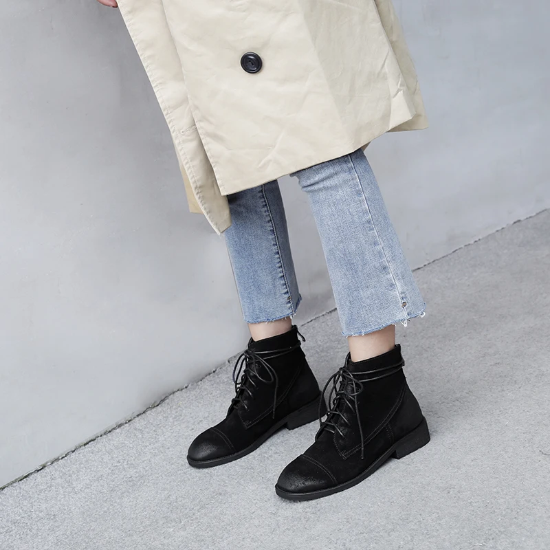 leather Motorcycle ankle Boots woman Corss-tied low heels Ladies casual Shoes Woman Genuine Leather Boots size 41 42 43 44