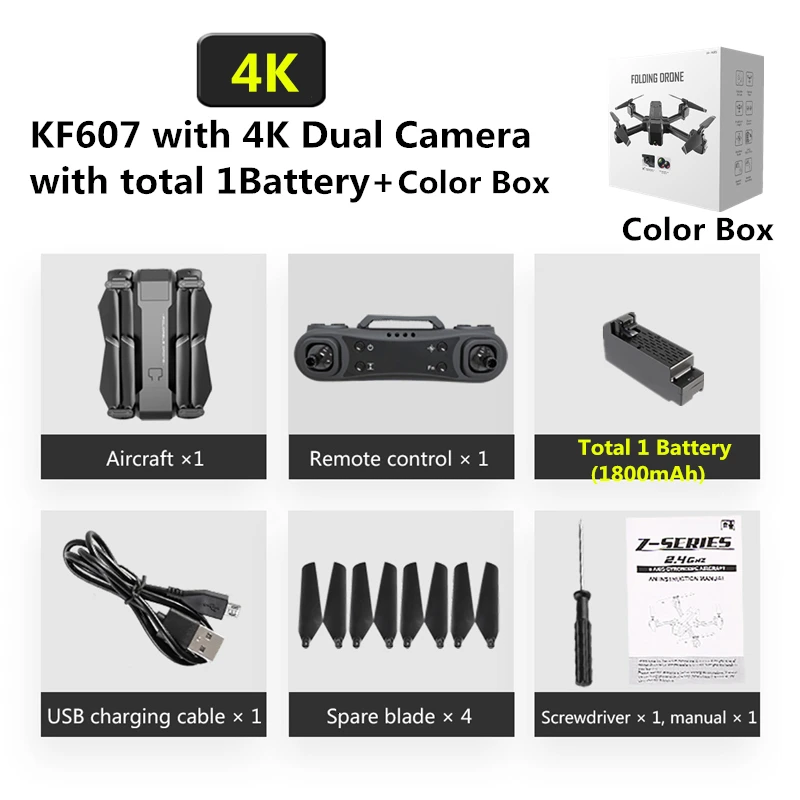 KF607 Радиоуправляемый Дрон 4K HD Двойная камера оптический поток слежения селфи Квадрокоптер складной мини дроны VS Z5 GW69 E58 Дрон игрушка подарок - Цвет: 4K 1800 Color Box 1