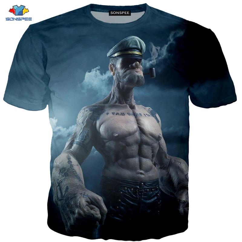 

SONSPEE 3D Summer Fitness Men's T-Shirt Funny Anime Popeye T-Shirt Pipe Gangster Brother Shirt Cool Captain Smoking Kids T-Shirt