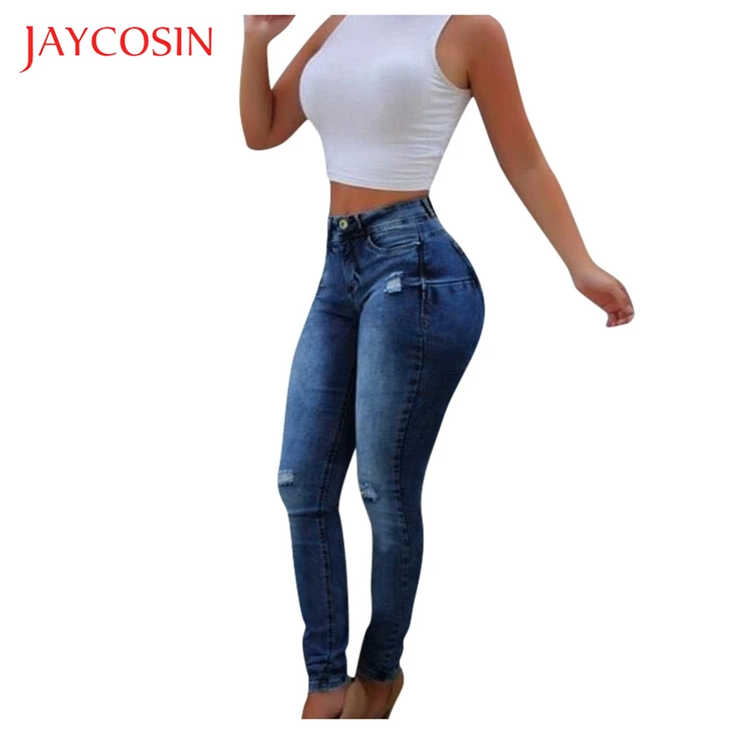 JAYCOSIN, новинка, синие джинсы с дырками, брюки, женские штаны со средней талией, Стрейчевые джинсы, повседневные Стрейчевые обтягивающие джинсы