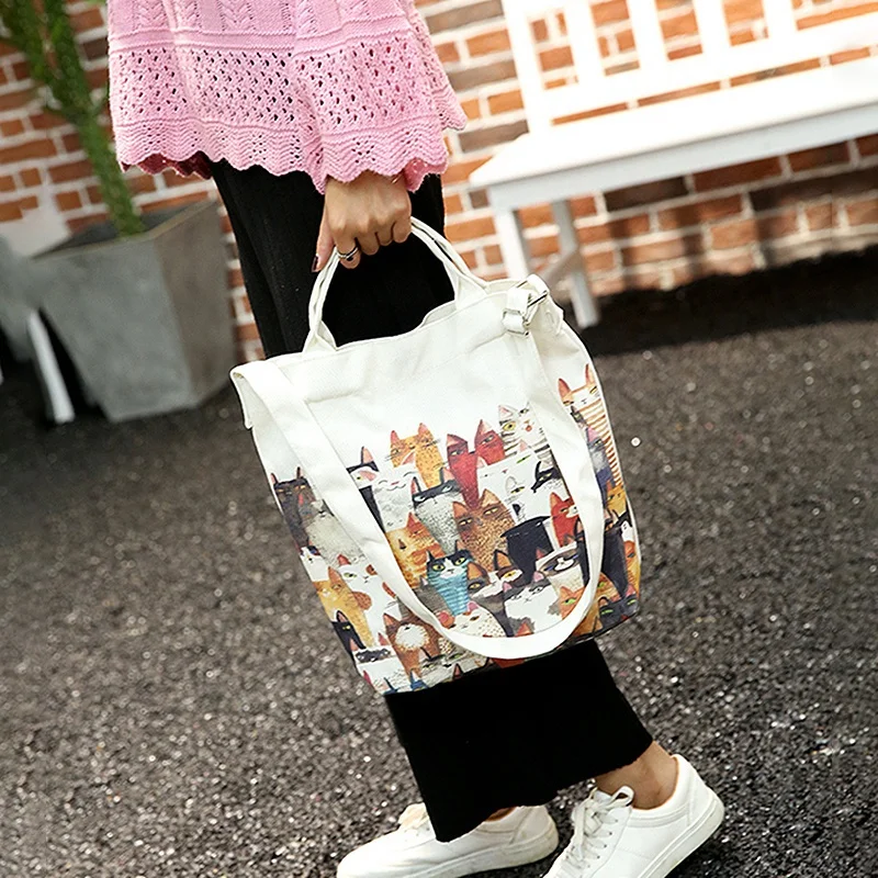 

Women Handbag Canvas Cartoon Cats Printing Shoulder Beach Bags Casual Female Tote Shopping Bag Female Casual