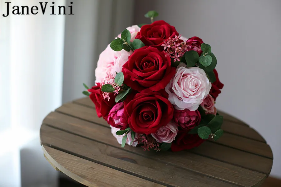 JaneVini Ramo Novia Rosa Красные Розовые розы искусственный букет невесты Свадебные цветы для невесты Брошь аксессуар