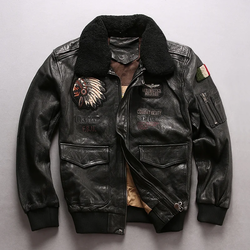 2022 flight jacket men's fur collar real leather with chief embroidery stylish winter bomber lether coat men | Мужская одежда