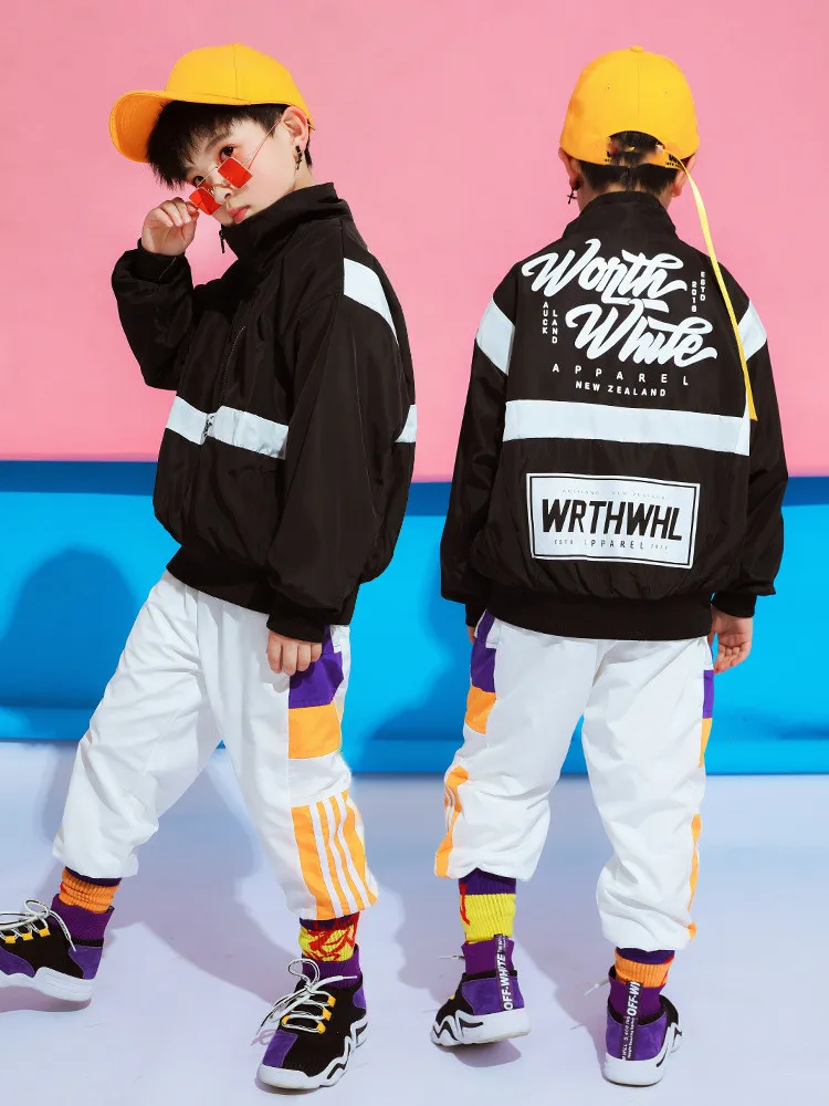 Children's Street Dance Wear Suit Loose Jacket+Pants 2 Piece Set Kids Girls Boys Hip Hop Costumes for Stage Performance 4-18T (1)