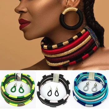 

Hot Necklace Earrings set Multi-layer Woven Jewelry Choker Necklace Bridal Wedding African Beads Women Jewelry Set