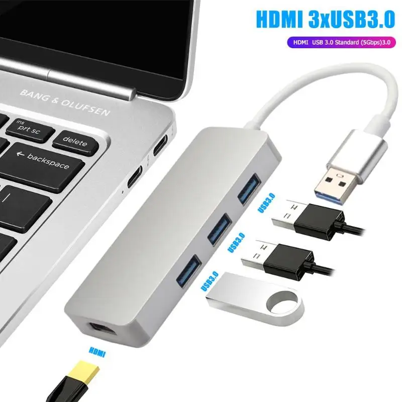 USB 3,0 к HDMI 1080P 3xUSB3. 0 хаб-конвертер для ноутбуков HDTV проекторы монитор Цветная коробка упаковка транспорт серебро