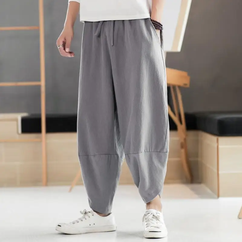 Однотонные мужские шаровары больших размеров 5XL 4XL, льняные штаны-шаровары, повседневные уличные свободные штаны с веревкой, мужские модные штаны, XXXXXL - Цвет: Light Gray Pants Men