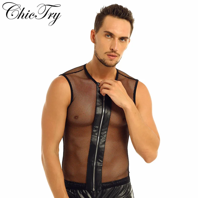 

Male Mens T Shirt Sleeveless See-through Mesh Fishnet Zipper Muscle Clubwear T-Shirt Cosplay Party Dance Performance Costumes