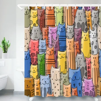 

Colorful Cat Printed Bath Waterproof Curtain 3D Polyester Fabric Shower Curtain with 12 Hooks for Mildew Proof Bathroom Decor 18