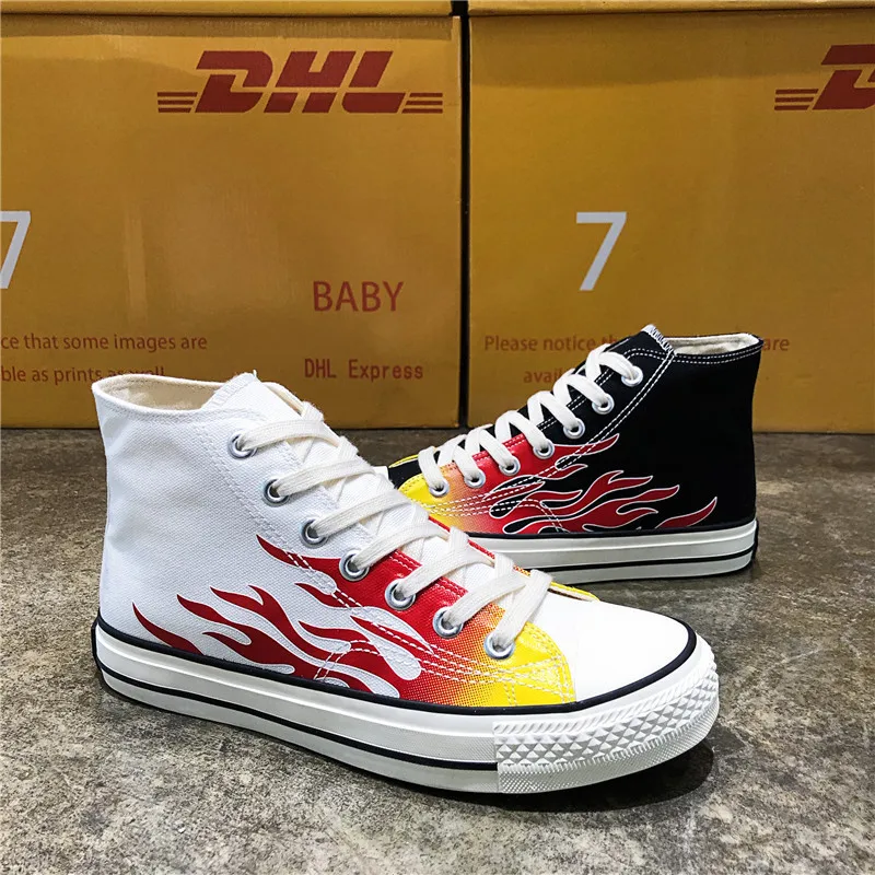 

Autumn Classic Hight-top Canvas Shoes INS Ultra-Fire Red Shoes Men Flame Trendy Shoes Students Hong Kong Style Casual Board Shoe